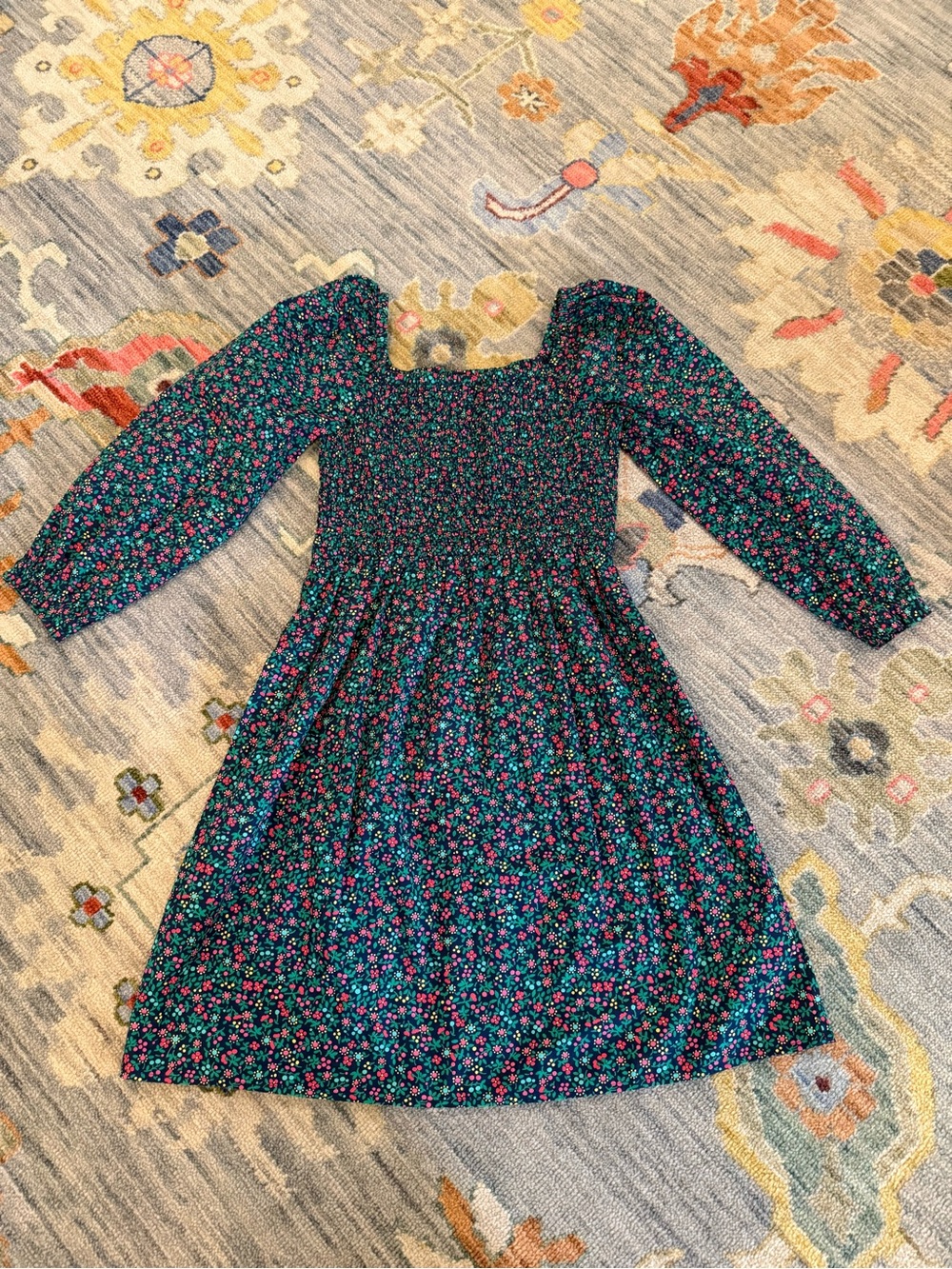 crewcuts Girls' long-sleeve teal smocked dress in floral size 10